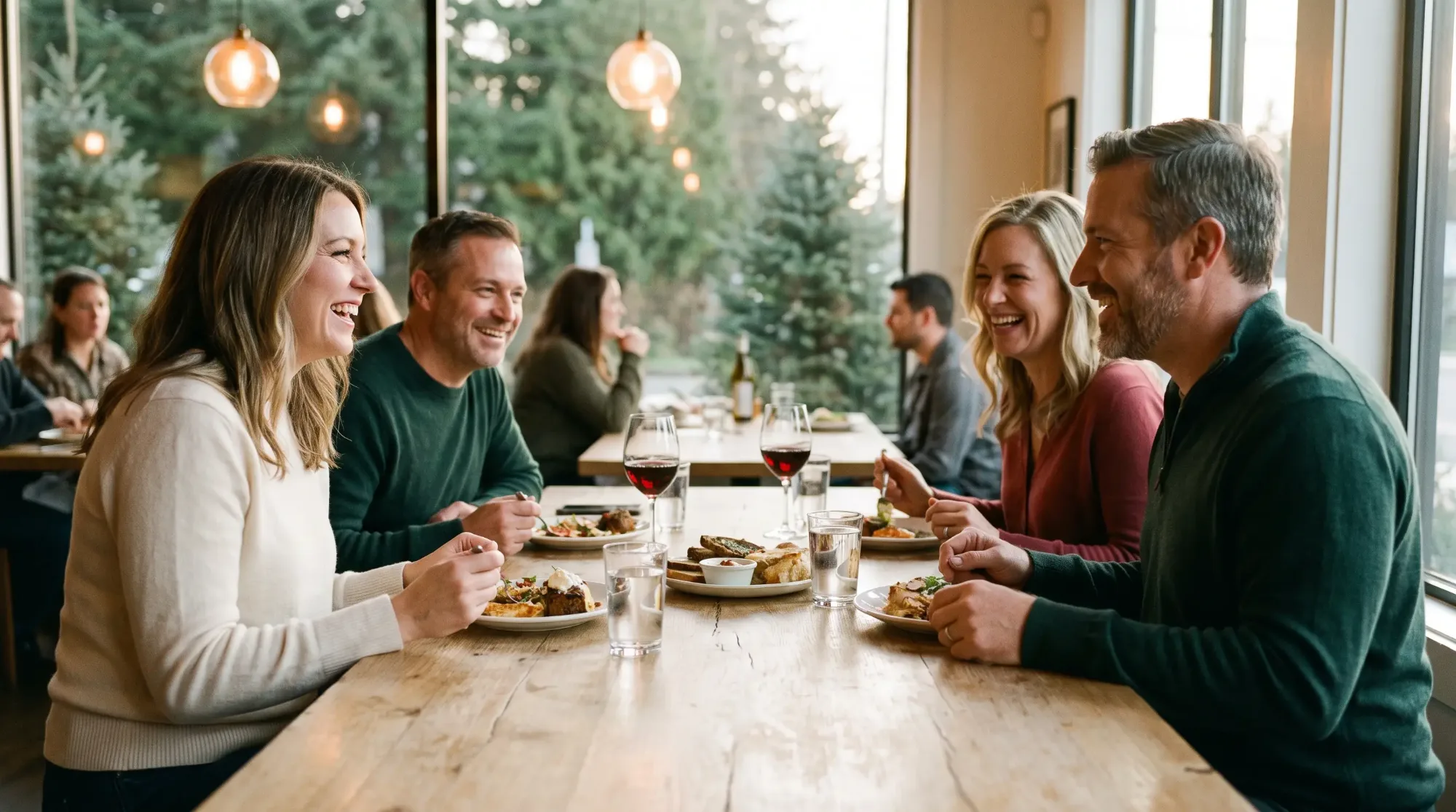 Friends laughing over dinner at a neighborhood restaurant