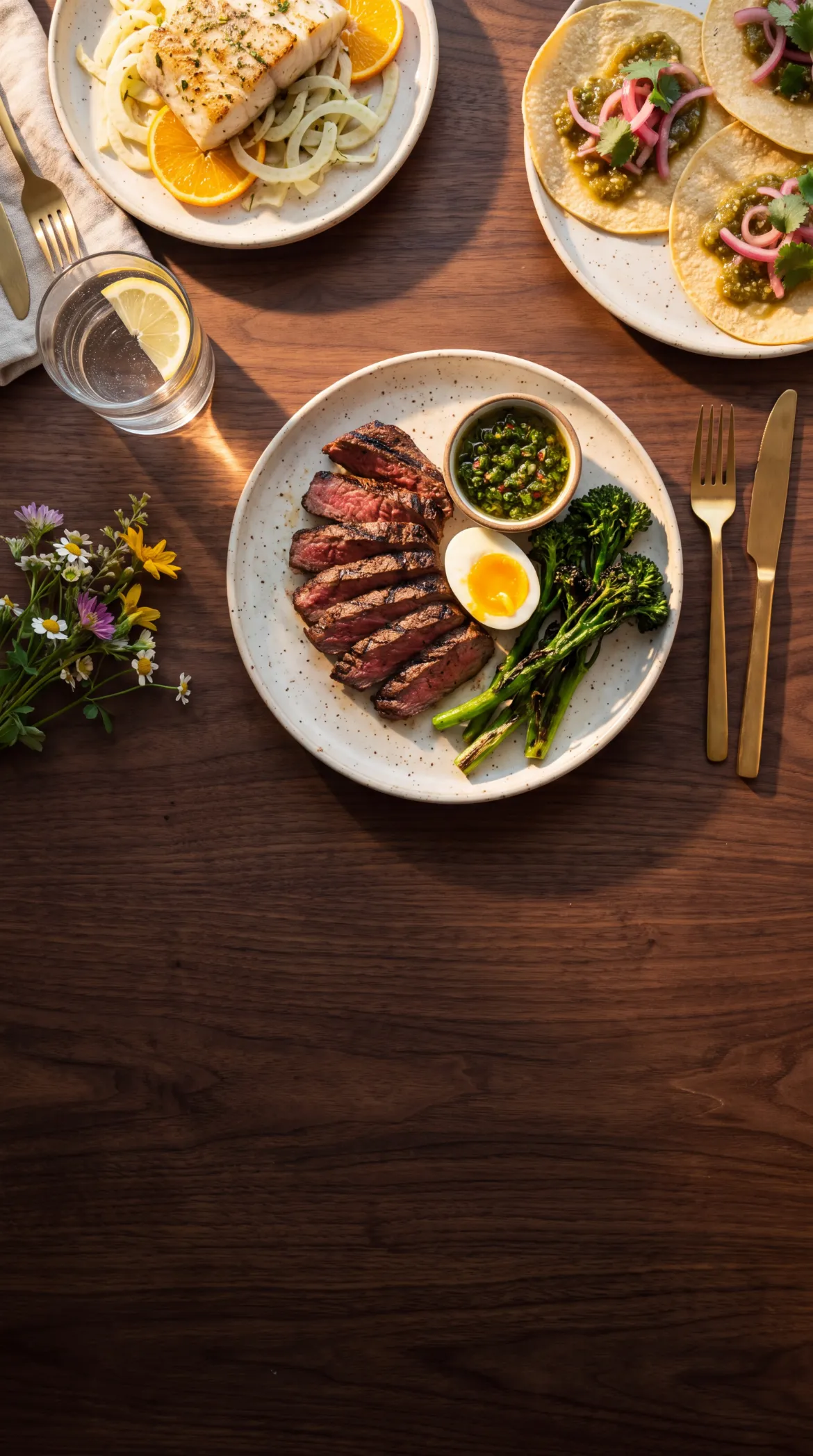 Dinner spread of dietitian-certified dishes on a walnut table