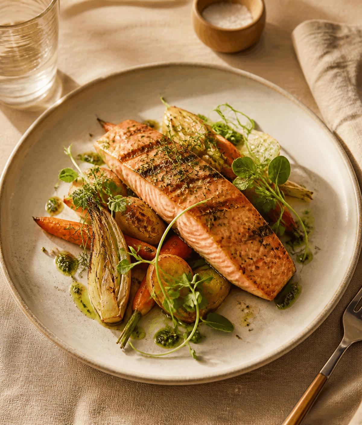 A plated dish with vibrant vegetables and protein